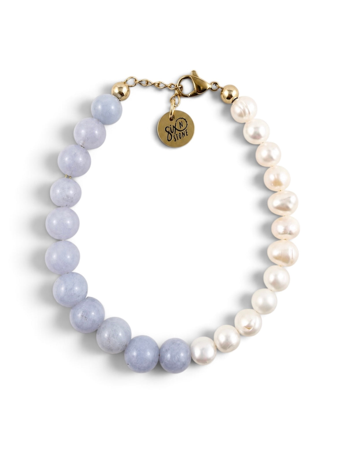 Blueberries & Cream Bracelet beaded bracelet with a split design of Blue Angelite & Pearl Gemstone Bracelet finished with gold-toned hardware and a round gold charm 