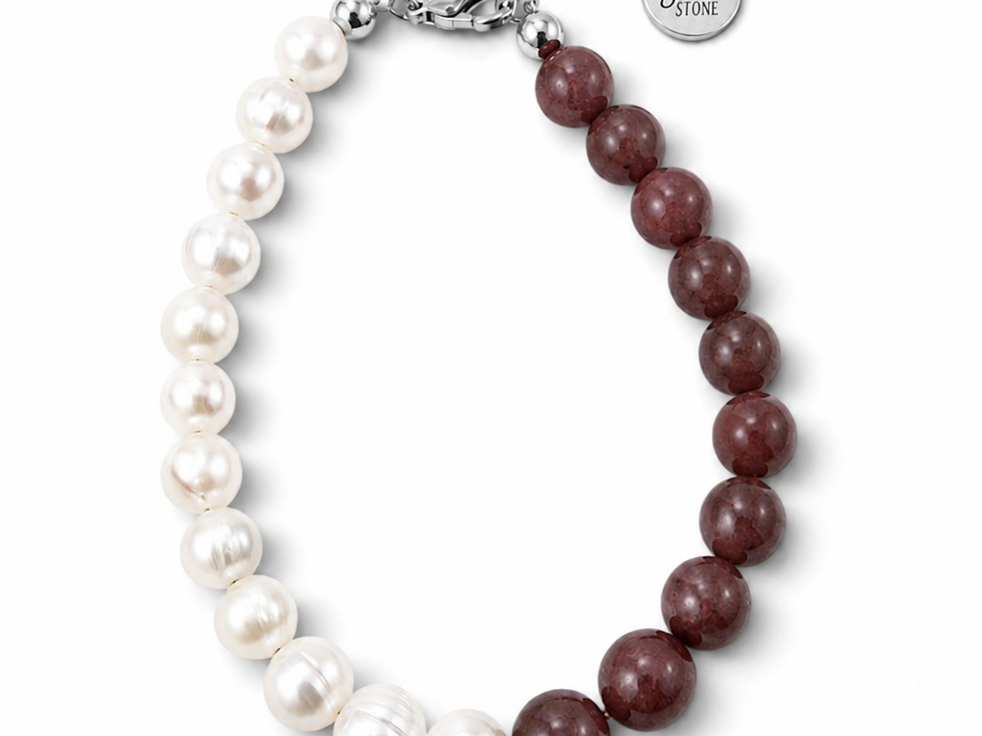 A split-color beaded necklace Strawberries and Cream bracelet made with Natural strawberry quartz gemstones and Naturally cultured freshwater pearls from Six N Stone finished with a silver-tone chain clasp and a round engraved tag.