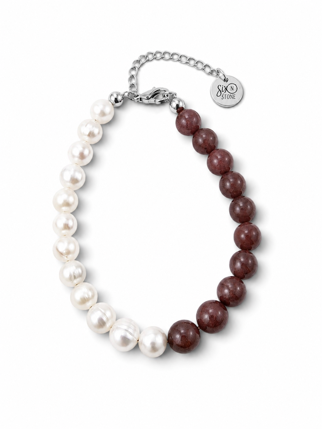 A split-color beaded necklace Strawberries and Cream bracelet made with Natural strawberry quartz gemstones and Naturally cultured freshwater pearls from Six N Stone finished with a silver-tone chain clasp and a round engraved tag.