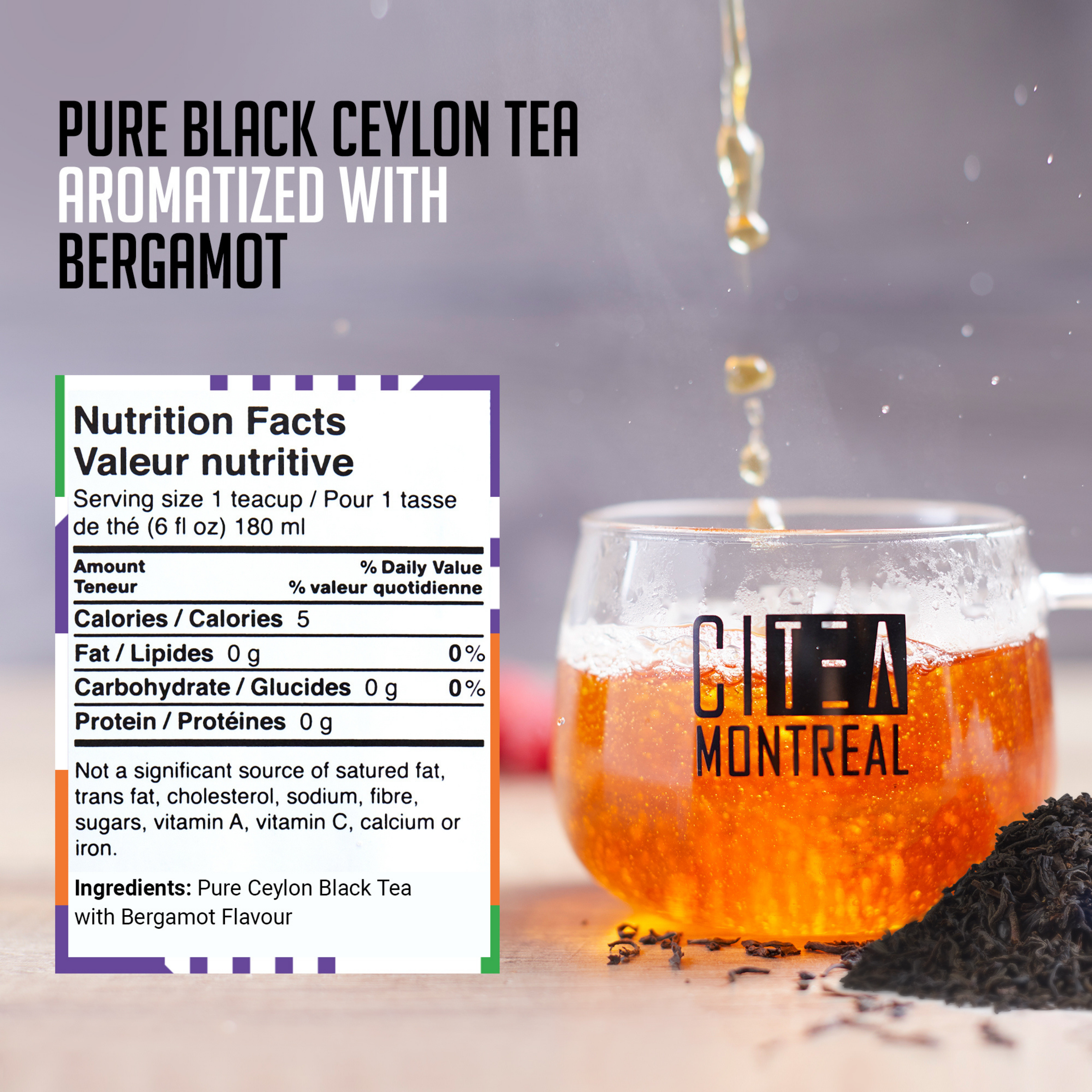 Citea Montreal tea packaging with a glass of tea and nutritional information.