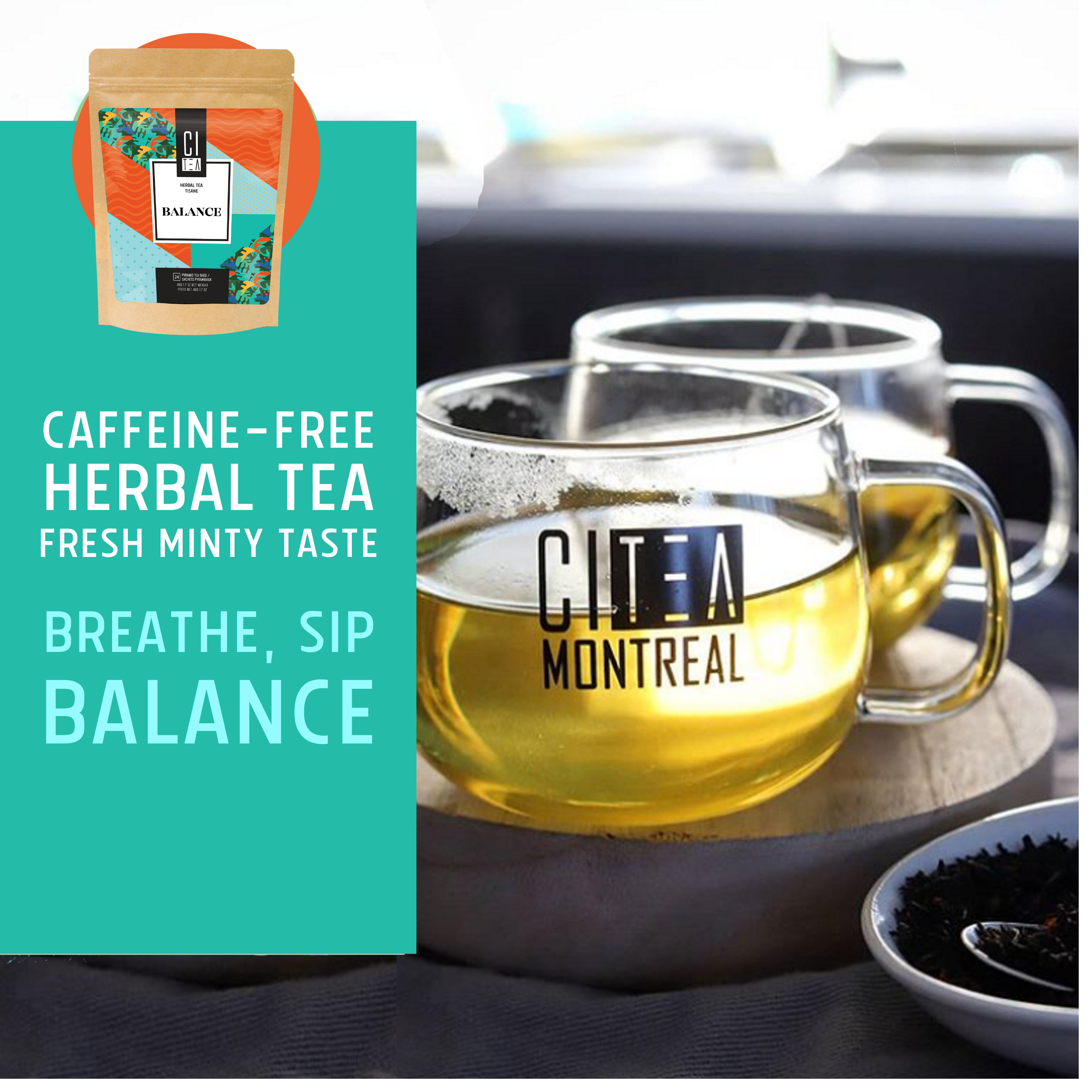Two glass mugs of Citea Montreal tea with a packet of tea on a teal background.