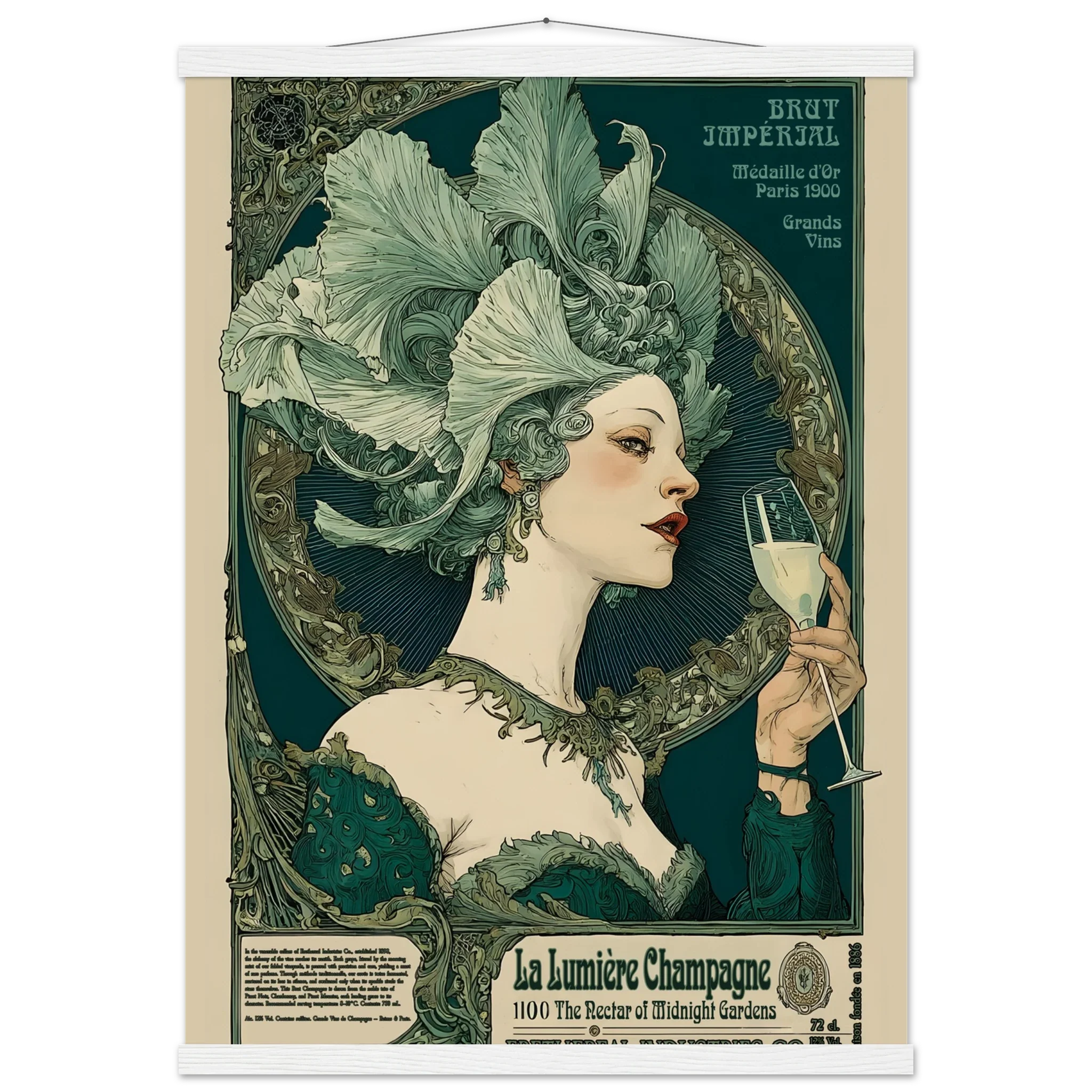Vintage-style poster of a woman with elaborate headpiece holding a champagne glass, with text and decorative elements.