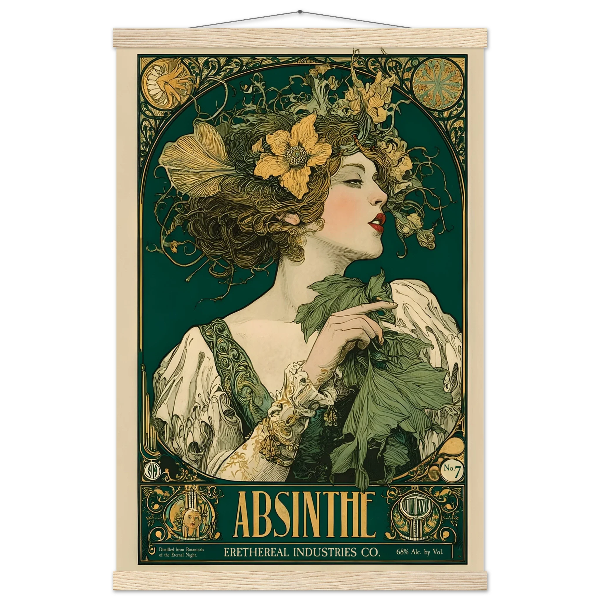 Vintage-style Absinthe advertisement poster with a woman's face and floral elements.