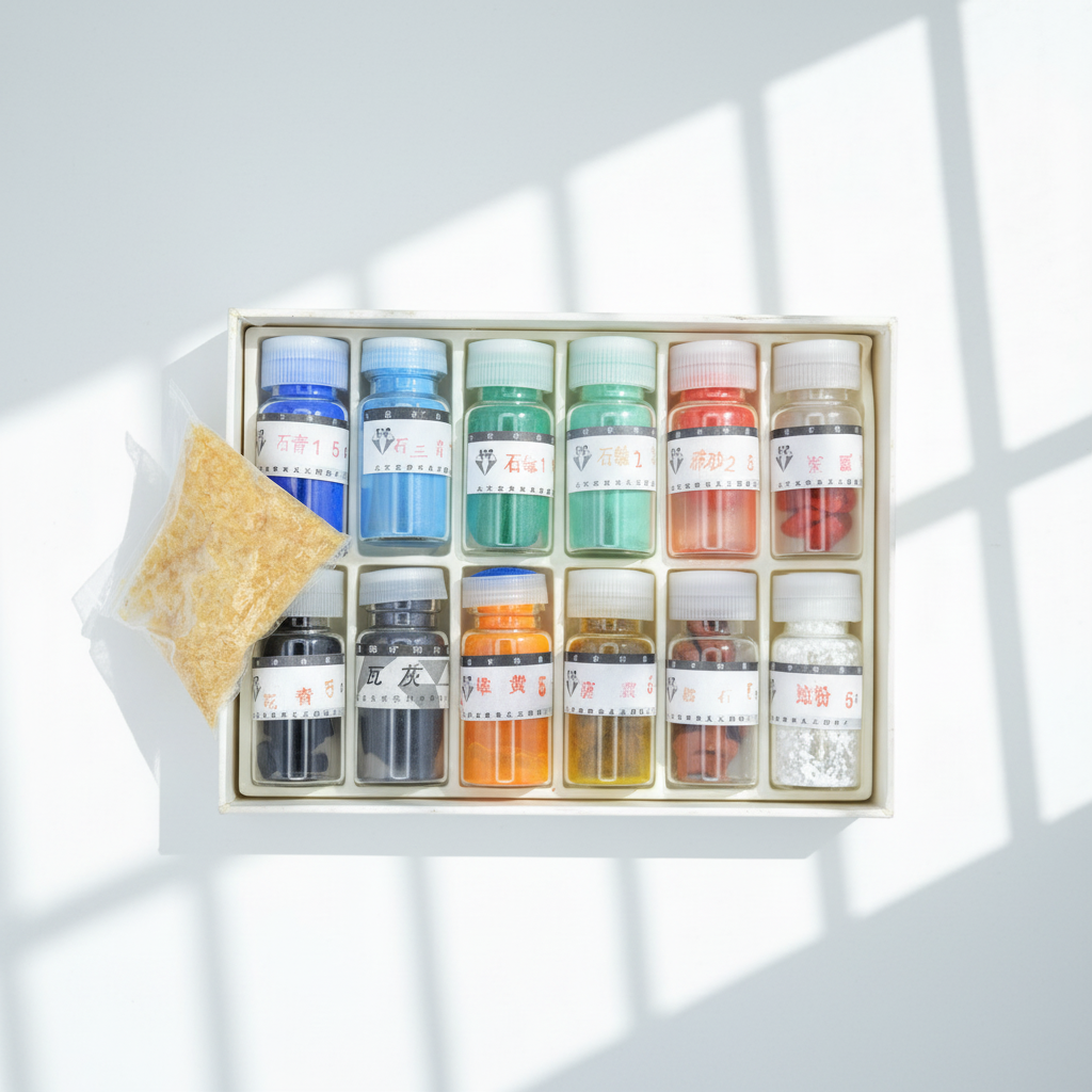 Set of small bottles with colorful paint pigments and labels in a wooden box on a light background