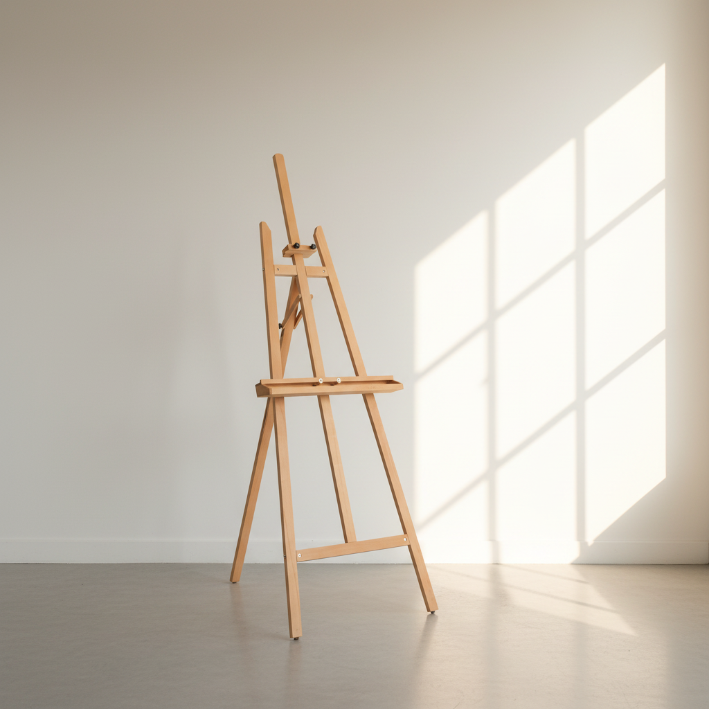 Wooden easel against a white wall with sunlight streaming through a window.