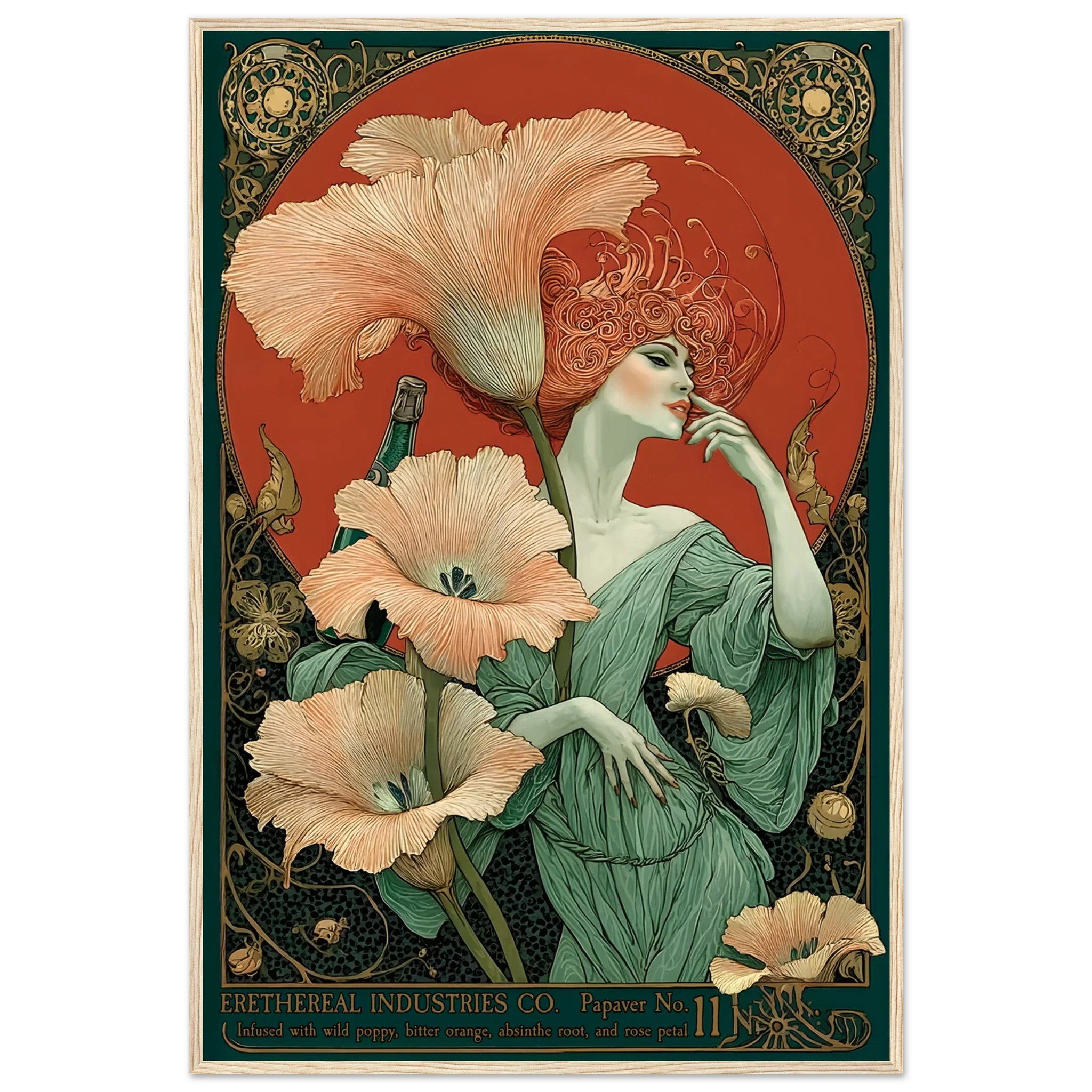 Art Nouveau-style poster with a woman and flowers, featuring intricate designs and a red background.