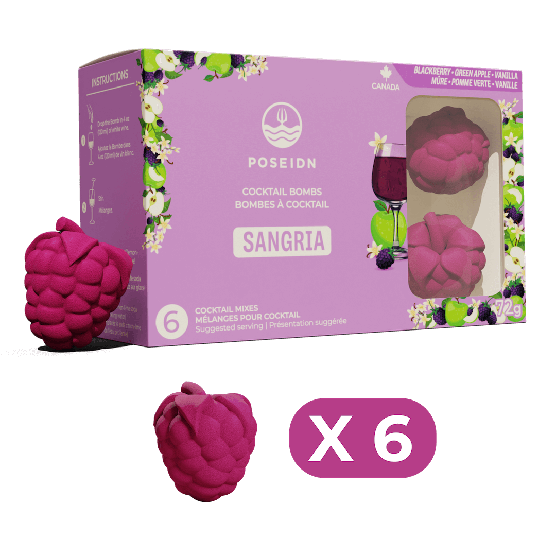 Purple packaging of Poseidn Sangria cocktail bombs with two pink berry-shaped cocktails on a black background.