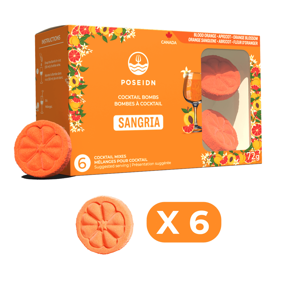 Orange packaging of Poseidn Sangria cocktail bombs with two bombs displayed in front.