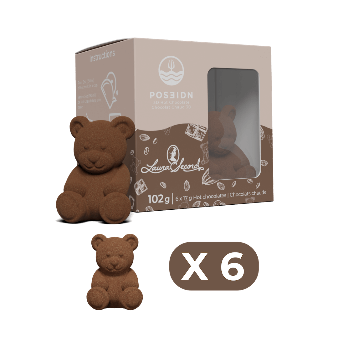 Chocolate bear with packaging and additional bears on a black background