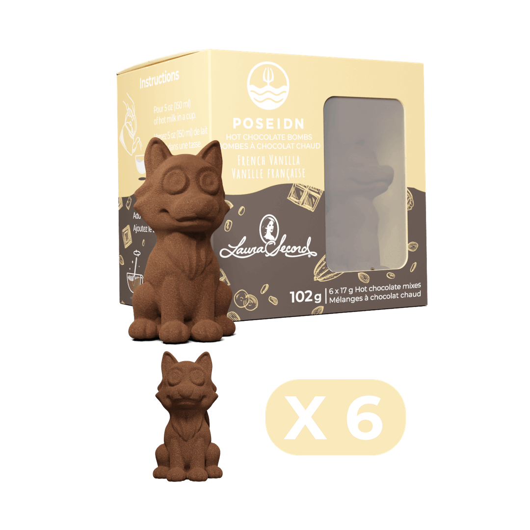 Chocolate figurine of a cat with packaging and 'X 6' label on a black background