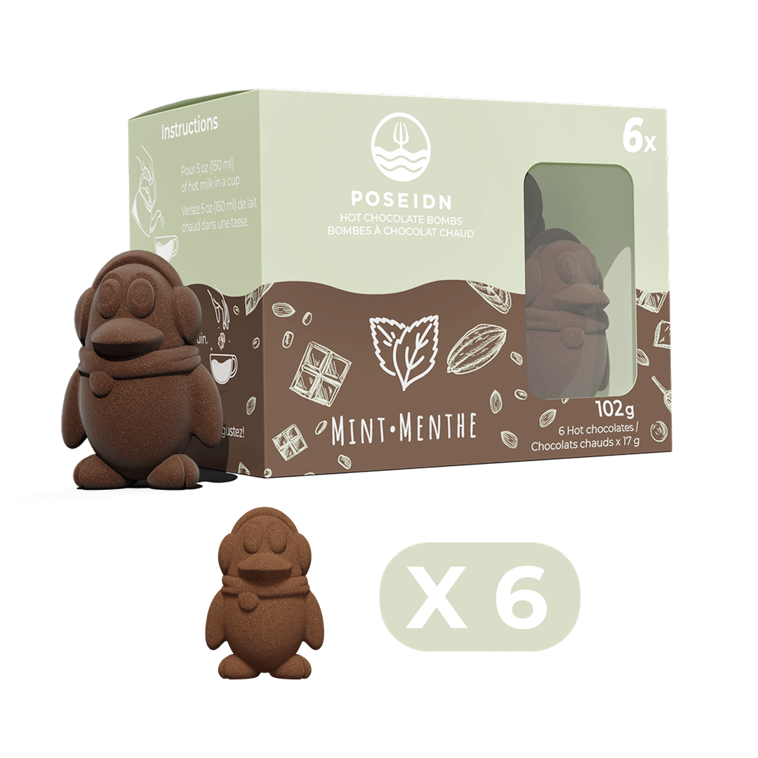 Hot chocolate bomb packaging with two chocolate figures on a black background