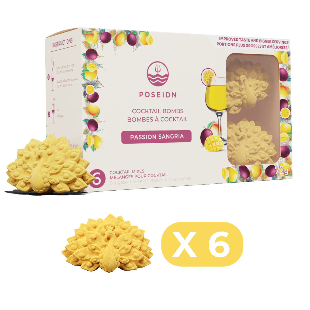 Box of Poseidn cocktail bombs with two yellow cocktail bombs in front on a black background