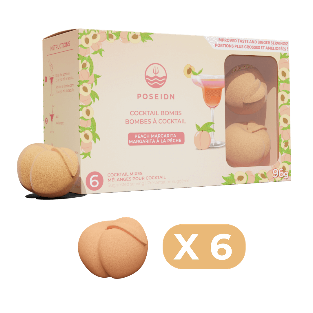 Box of Poseidn Peach Margarita Cocktail Bombs with two bombs displayed in front on a black background.