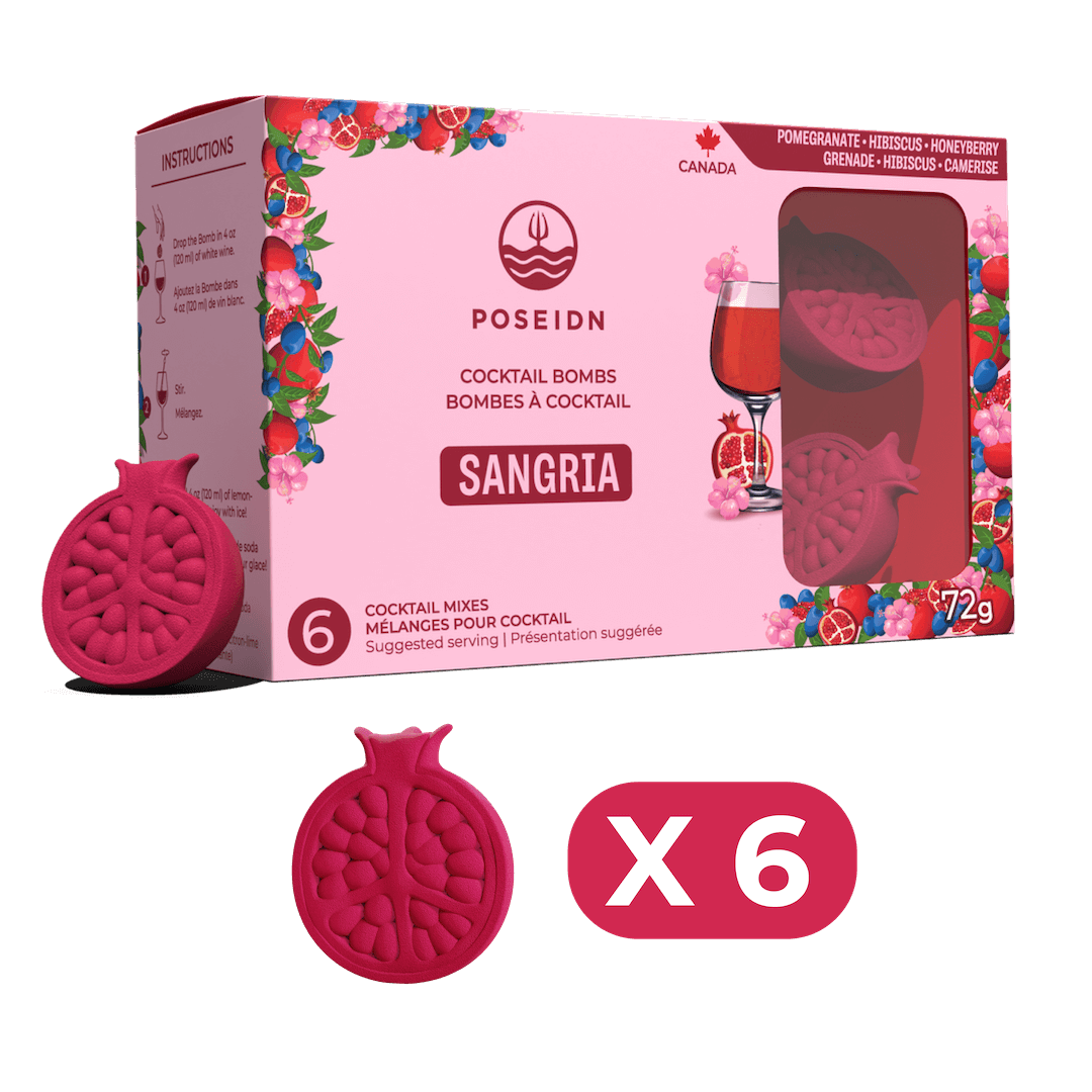 Box of Poseidn Sangria cocktail bombs with pink packaging and pomegranate design.