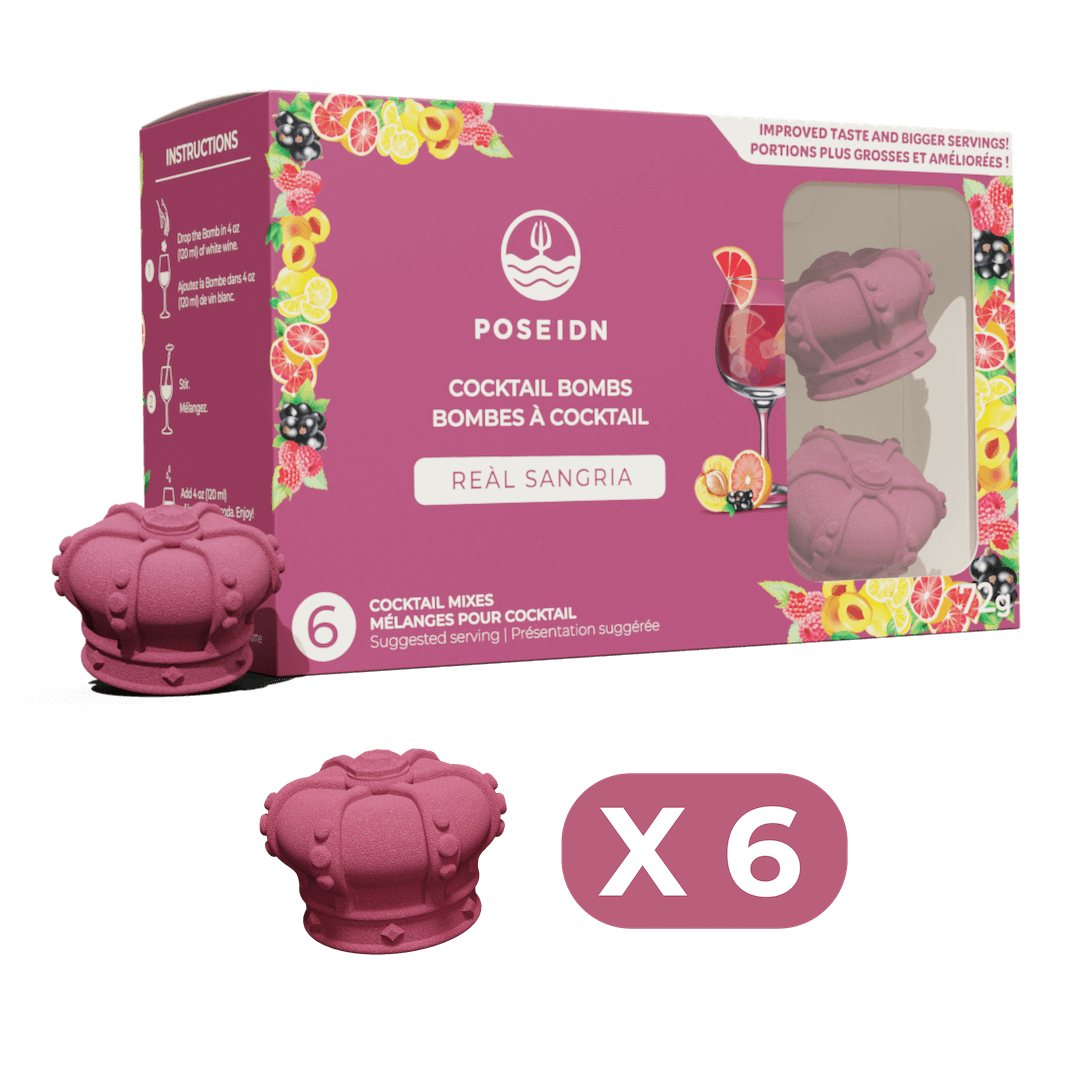 Box of Poseidn cocktail bombs with pink molds and colorful packaging on a black background
