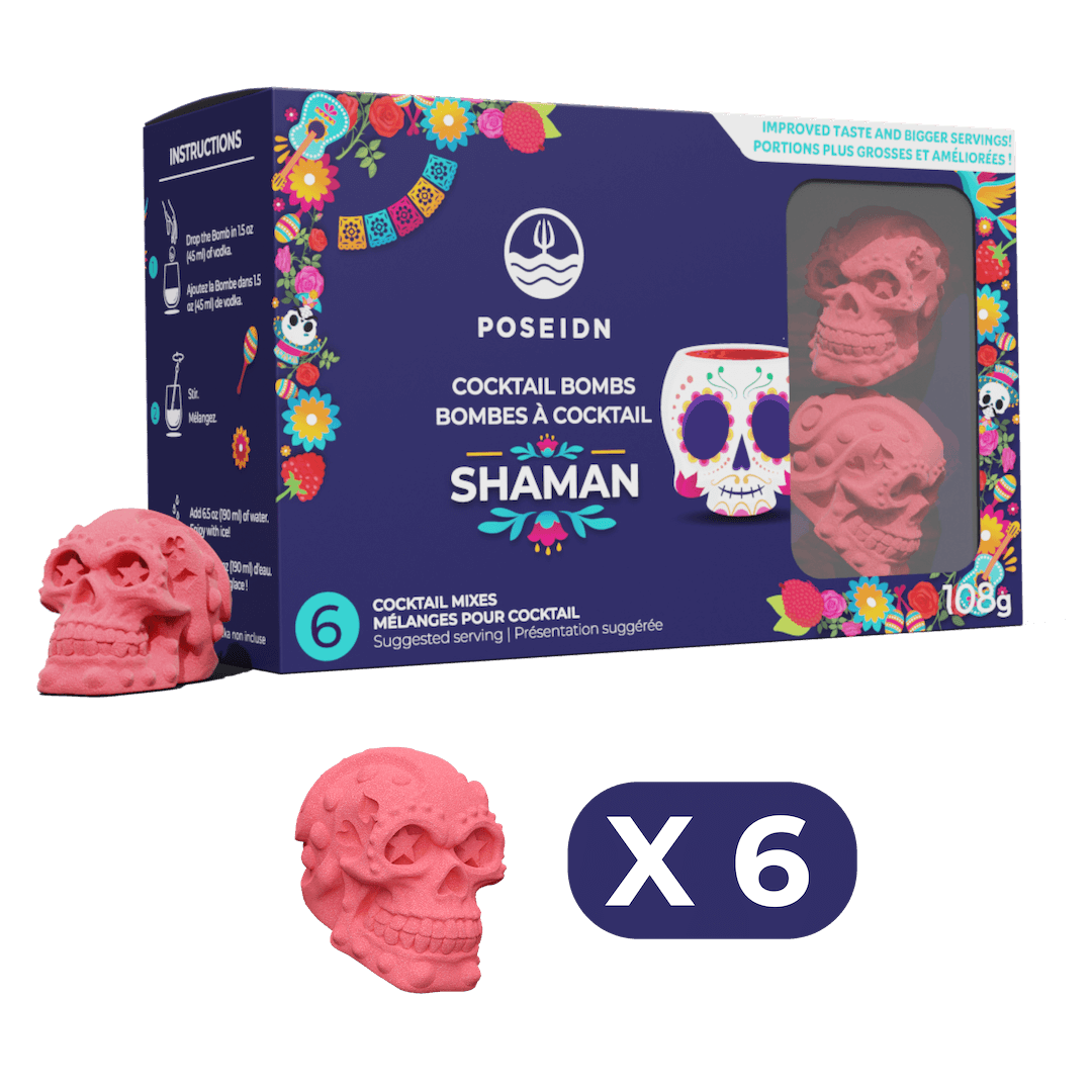 Box of Poseidn Shaman cocktail bombs with pink skull-shaped cocktails on a black background