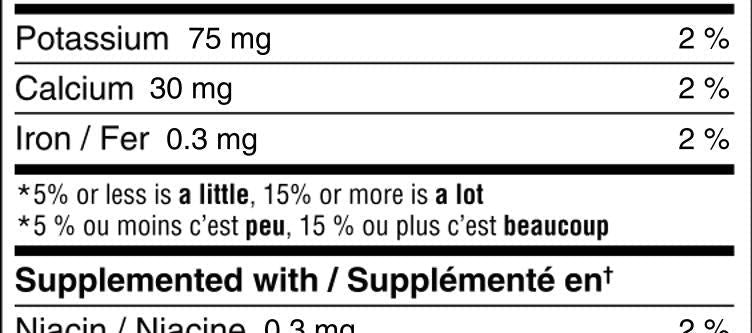 Nutritional label for a food product with detailed calorie and ingredient information.