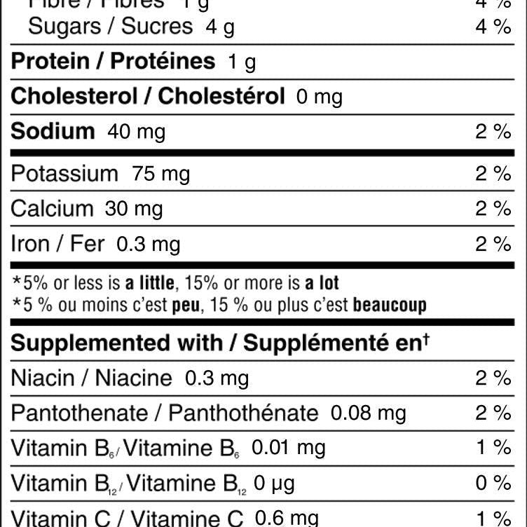 Nutritional label for a food product with detailed calorie and ingredient information.