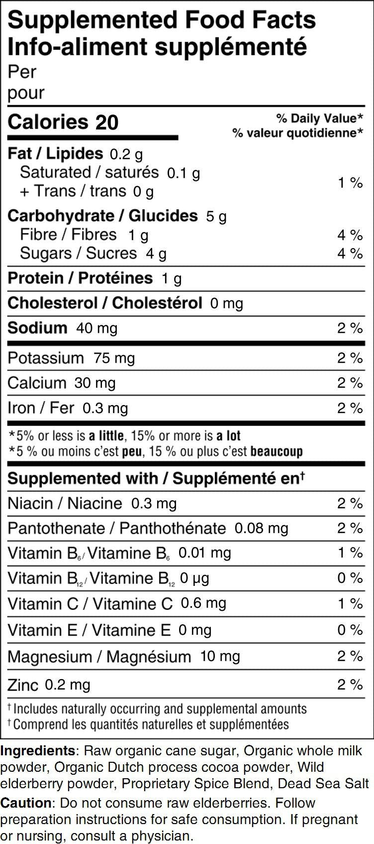 Nutritional label for a food product with detailed calorie and ingredient information.
