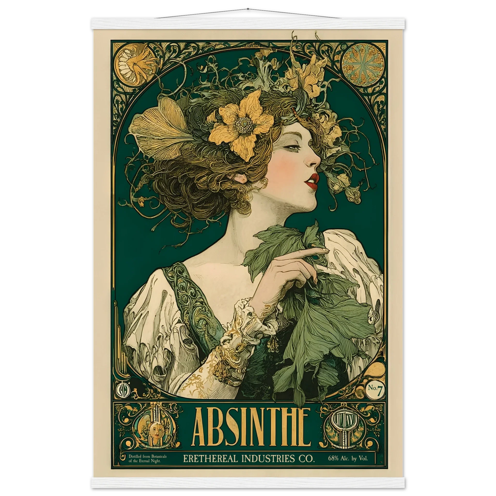 Vintage-style Absinthe advertisement poster with a woman holding absinthe leaves.