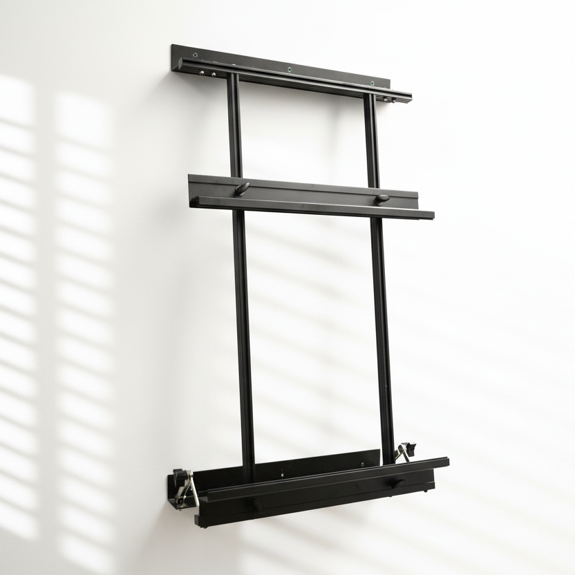 Black metal wall-mounted shelf with two tiers on a white background