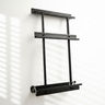 Black metal wall-mounted shelf with two tiers on a white background