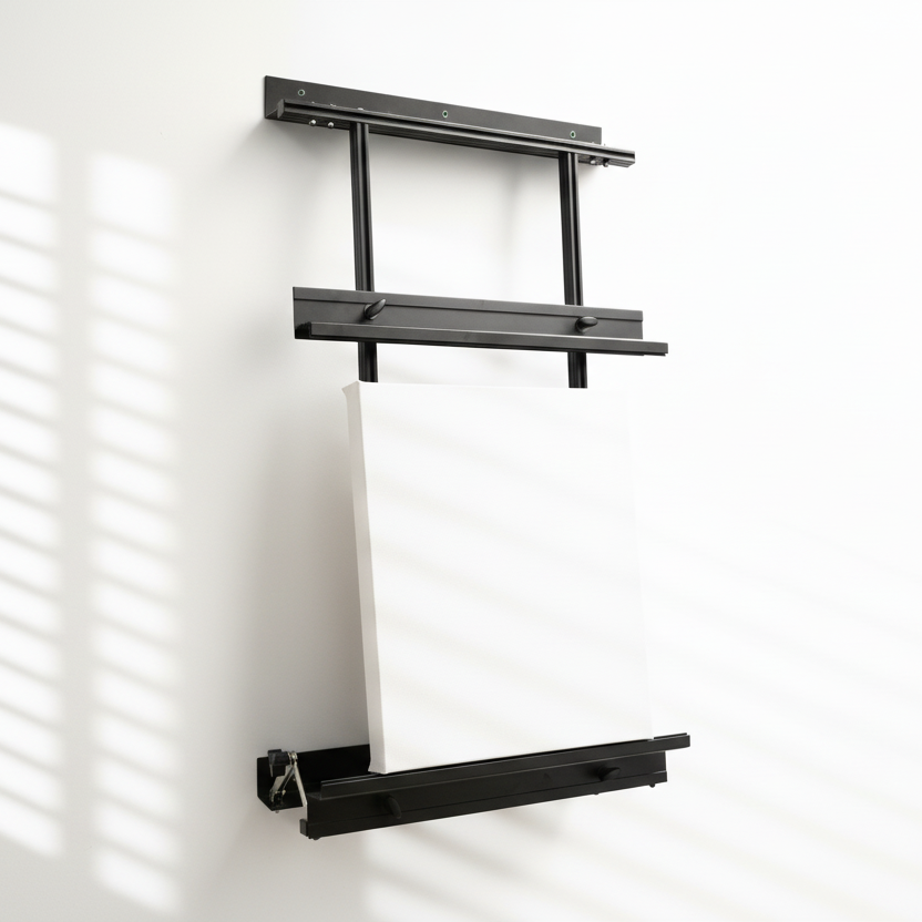 Black wall-mounted towel rack with a white towel on a light gray background
