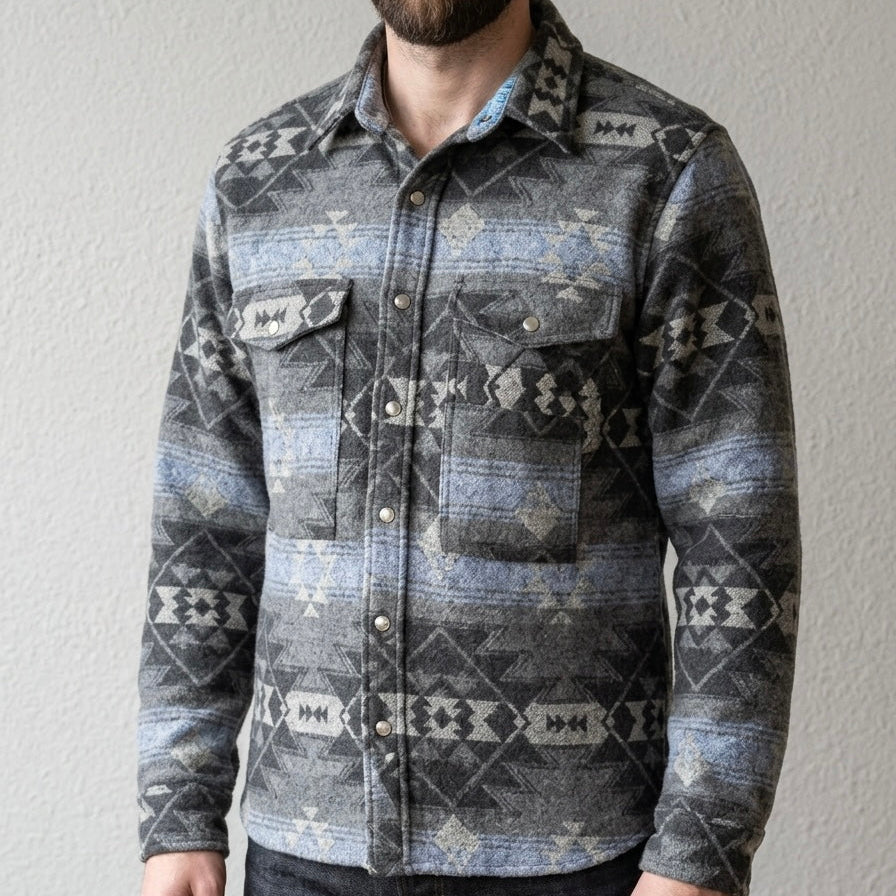 Old Tribes Grey & Blue Grand Canyon Jacket – Unisex Wool Blend – Front View
