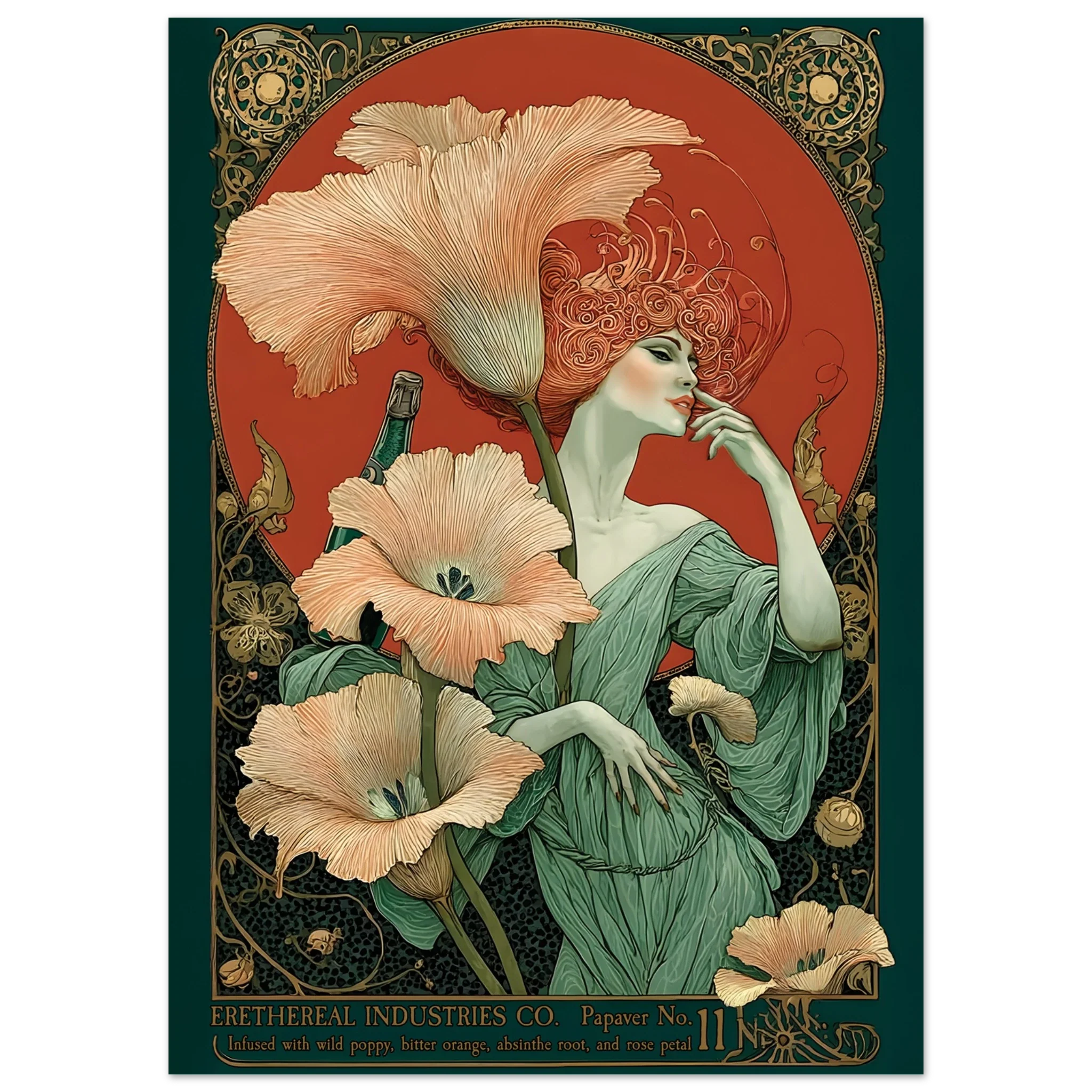 Art Nouveau-style poster with a woman and flowers, featuring intricate designs and a red background.