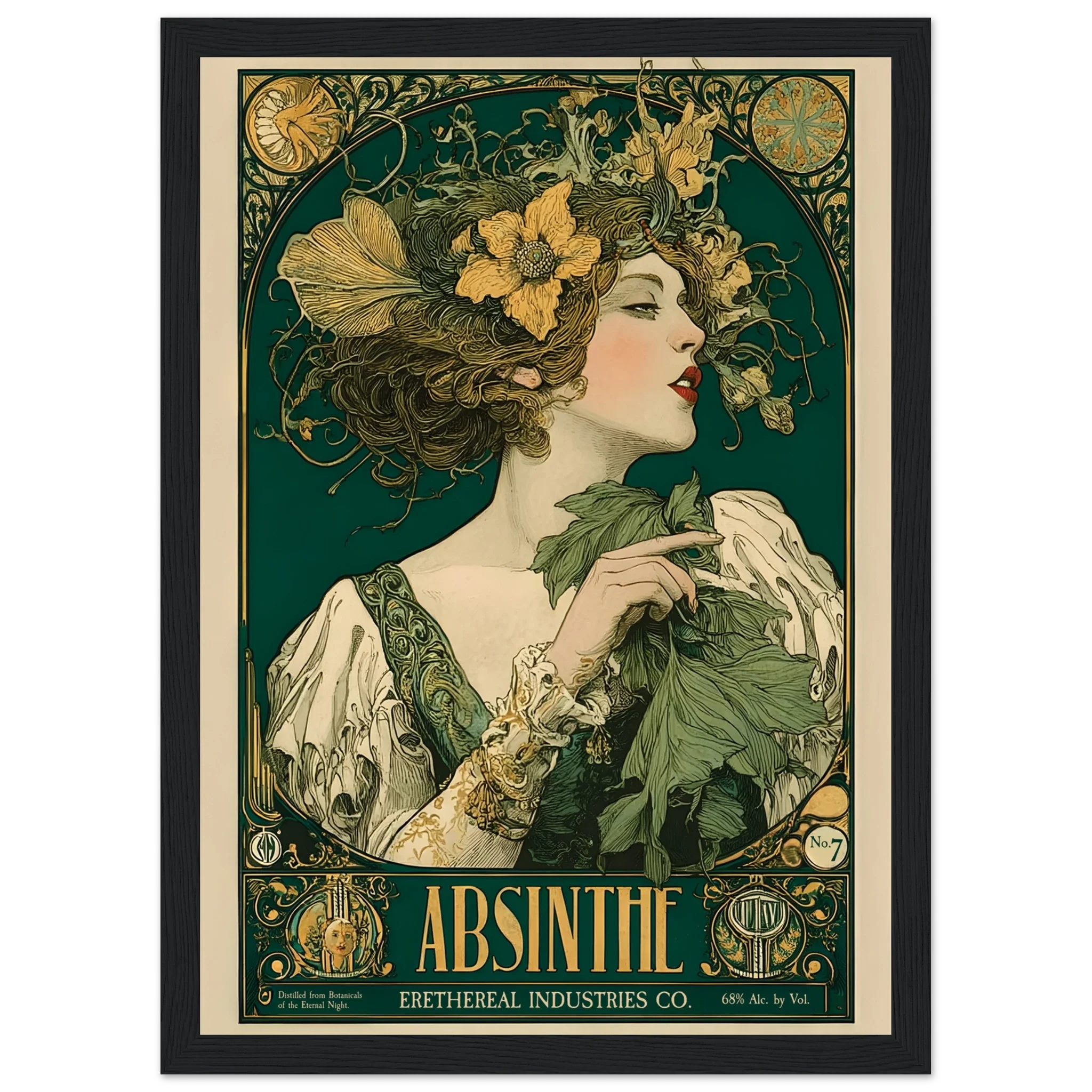 Vintage-style Absinthe advertisement poster with a woman holding leaves and flowers.