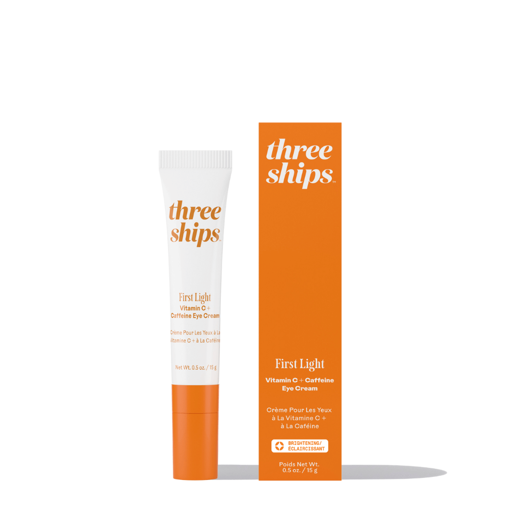 First Light Vitamin C + Caffeine Eye Cream by Three Ships with bright packaging and tube.