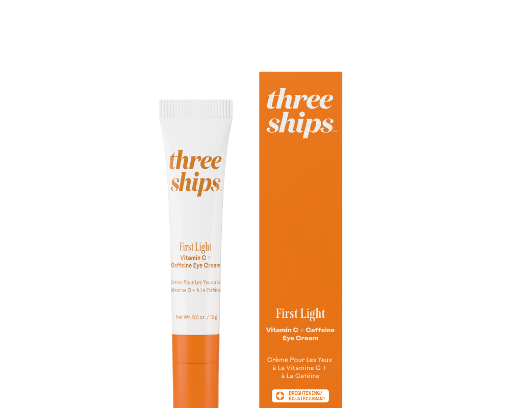 First Light Vitamin C + Caffeine Eye Cream by Three Ships with bright packaging and tube.