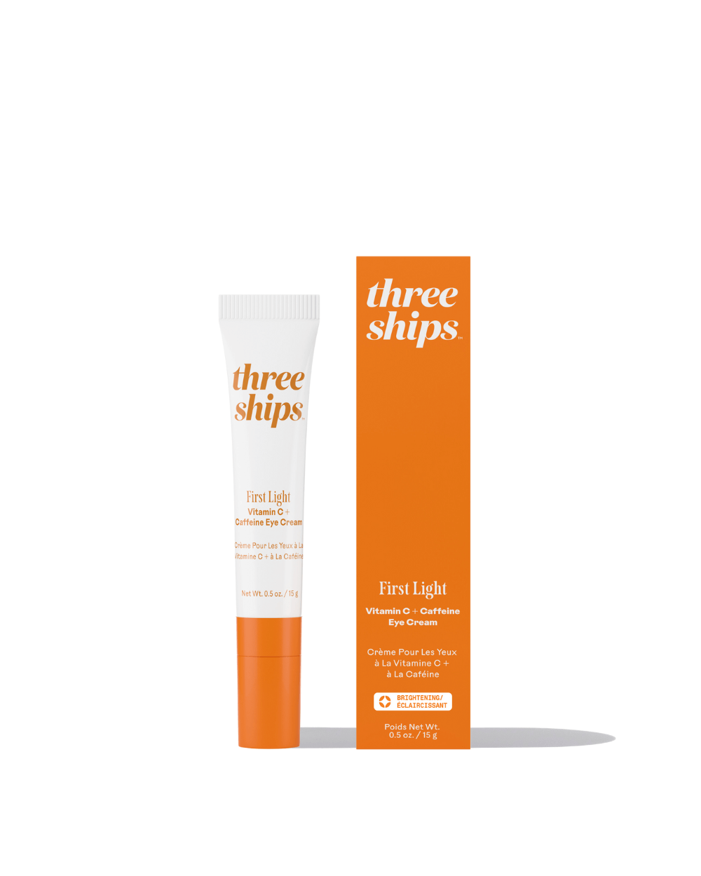 First Light Vitamin C + Caffeine Eye Cream by Three Ships with bright packaging and tube.