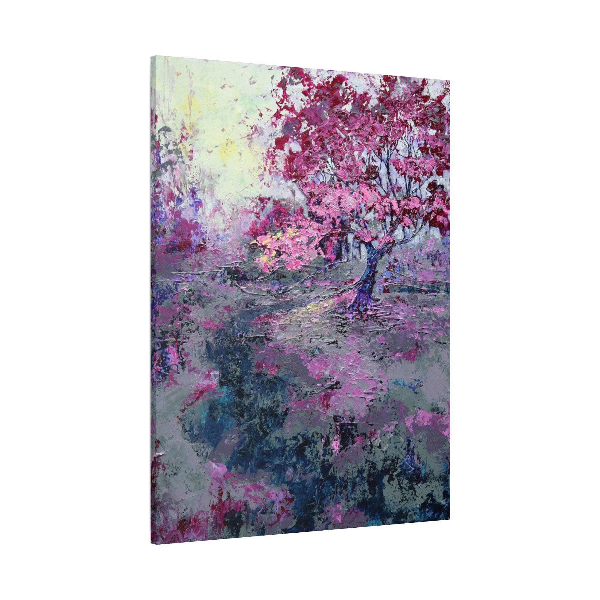 Nancy Overbury canvas print – Heather of the Rocks – pink flowering tree with lavender and blue-green landscape – vertical wall art -side view