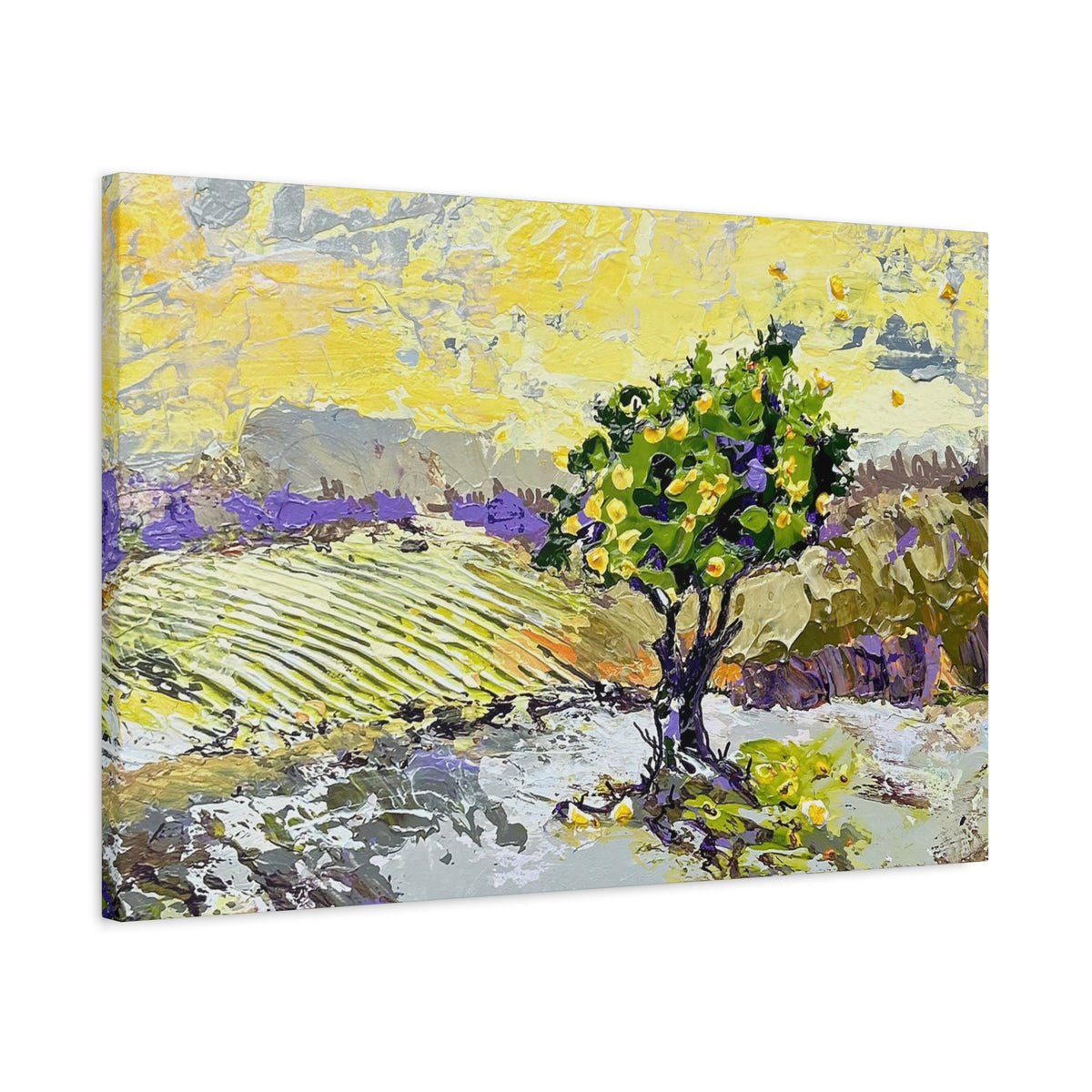 An impressionist landscape canvas painting featuring a green tree with yellow fruit, lavender fields, and a bright yellow sky, shown at an angle against a white background.