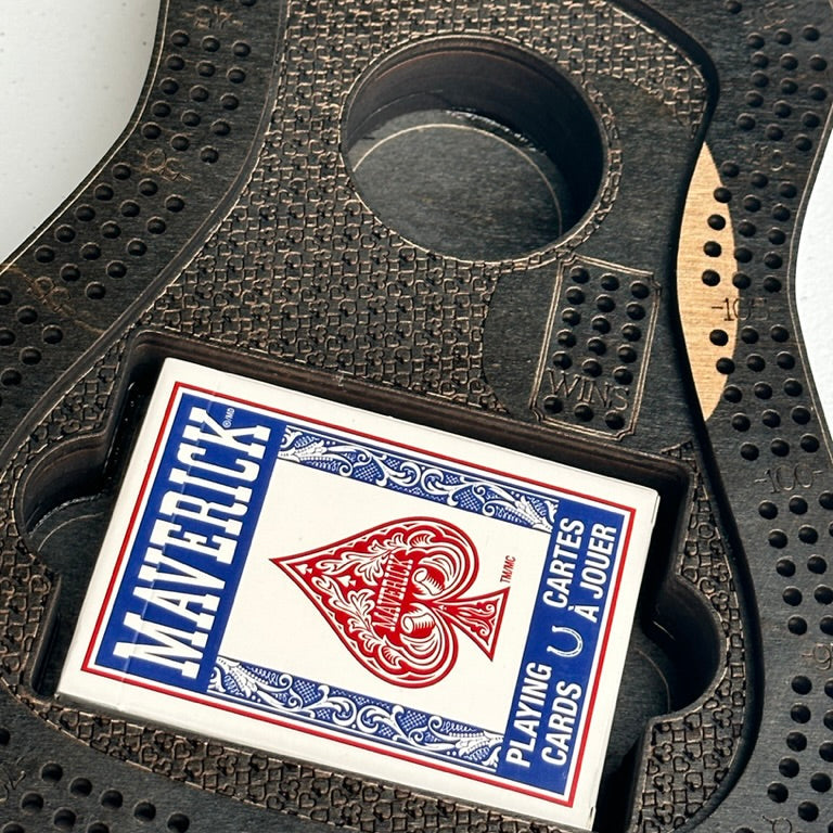 Maverick playing card holder in a black card holder on a white background
