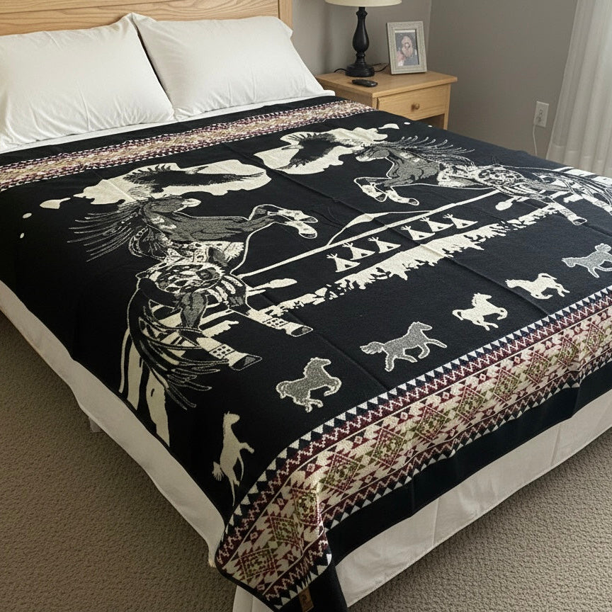 Old Tribes Horse Spirits Alpaca Blanket – Black – Queen Size Southwestern Blanket