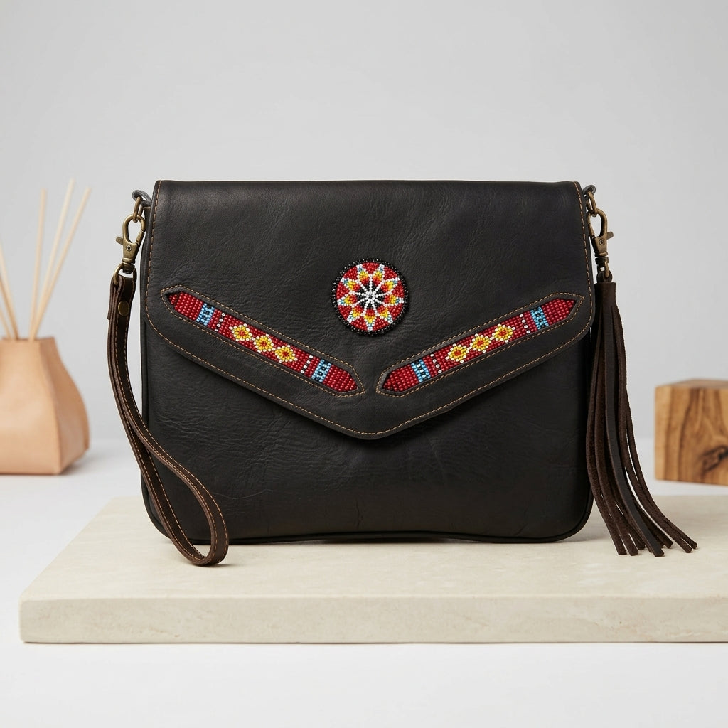Black leather crossbody handbag with a flap front, beaded geometric accents in red, yellow, and blue, a central floral bead motif, and dark brown leather tassels on the sides, displayed on a light stone block.