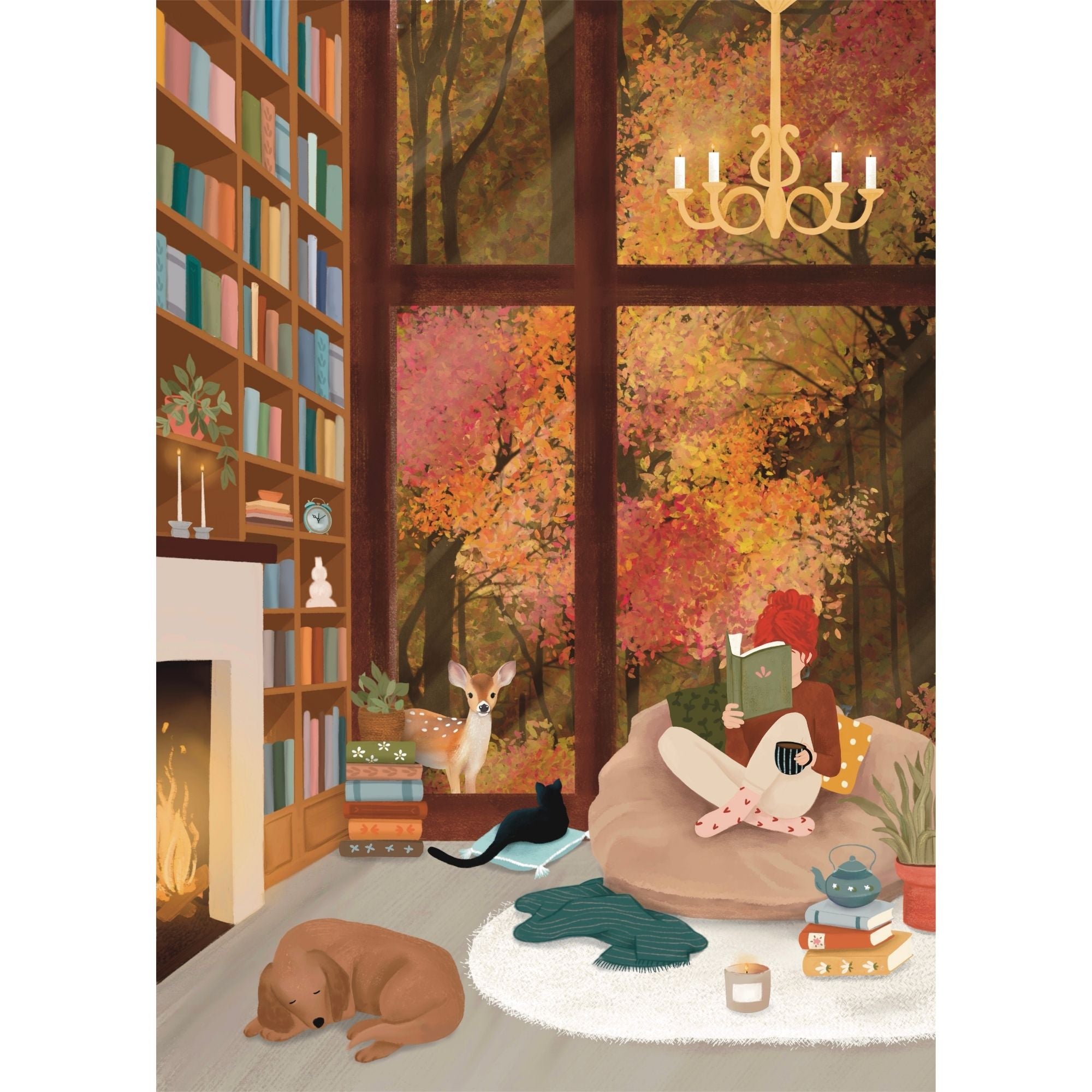 Illustration of a cozy living room with a person reading, a dog sleeping, and a fireplace.