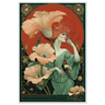 Art Nouveau-style poster with a woman and flowers, featuring intricate designs and a red background.