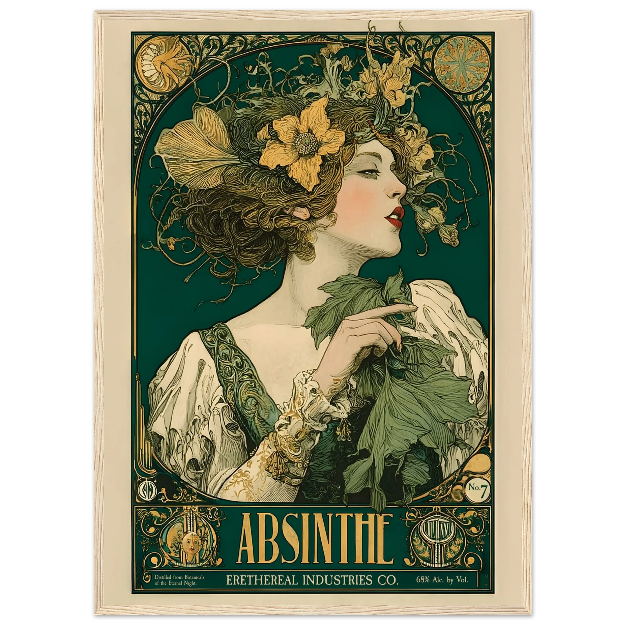 Vintage-style poster of a woman with absinthe leaves, featuring the brand 'Ethereal Industries Co.'