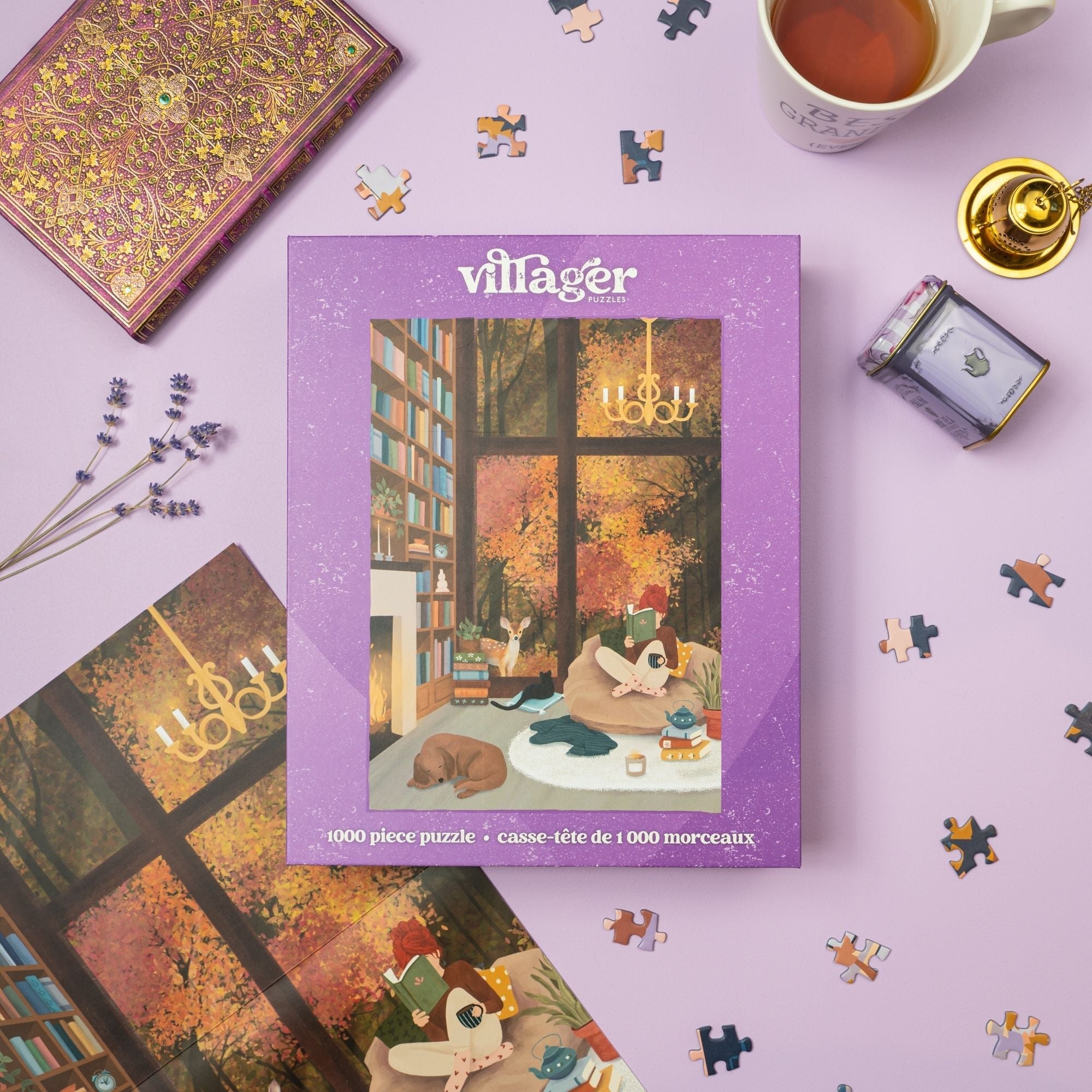 Villager puzzle box with puzzle pieces and a cup of tea on a purple background