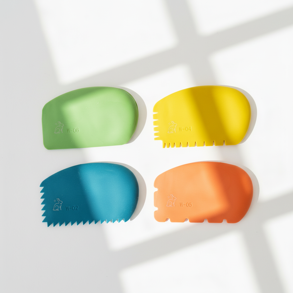 Four colorful silicone paint wedges for pallet knife on a white background