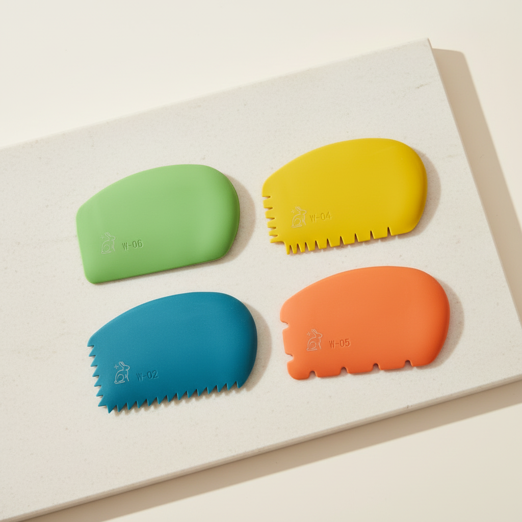 Four colorful silicone painting wedges on a white surface