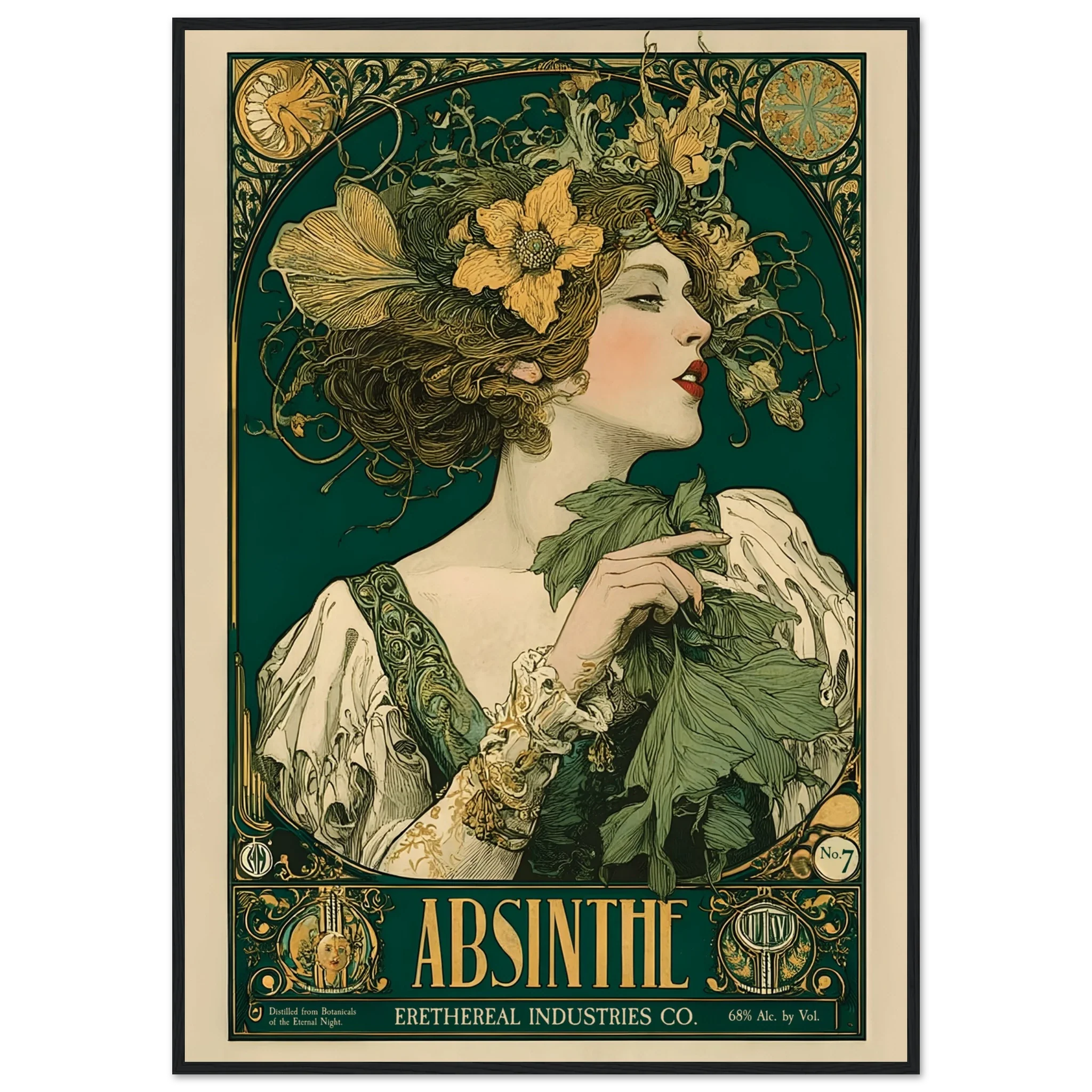 Vintage-style Absinthe poster with a woman holding leaves and flowers.