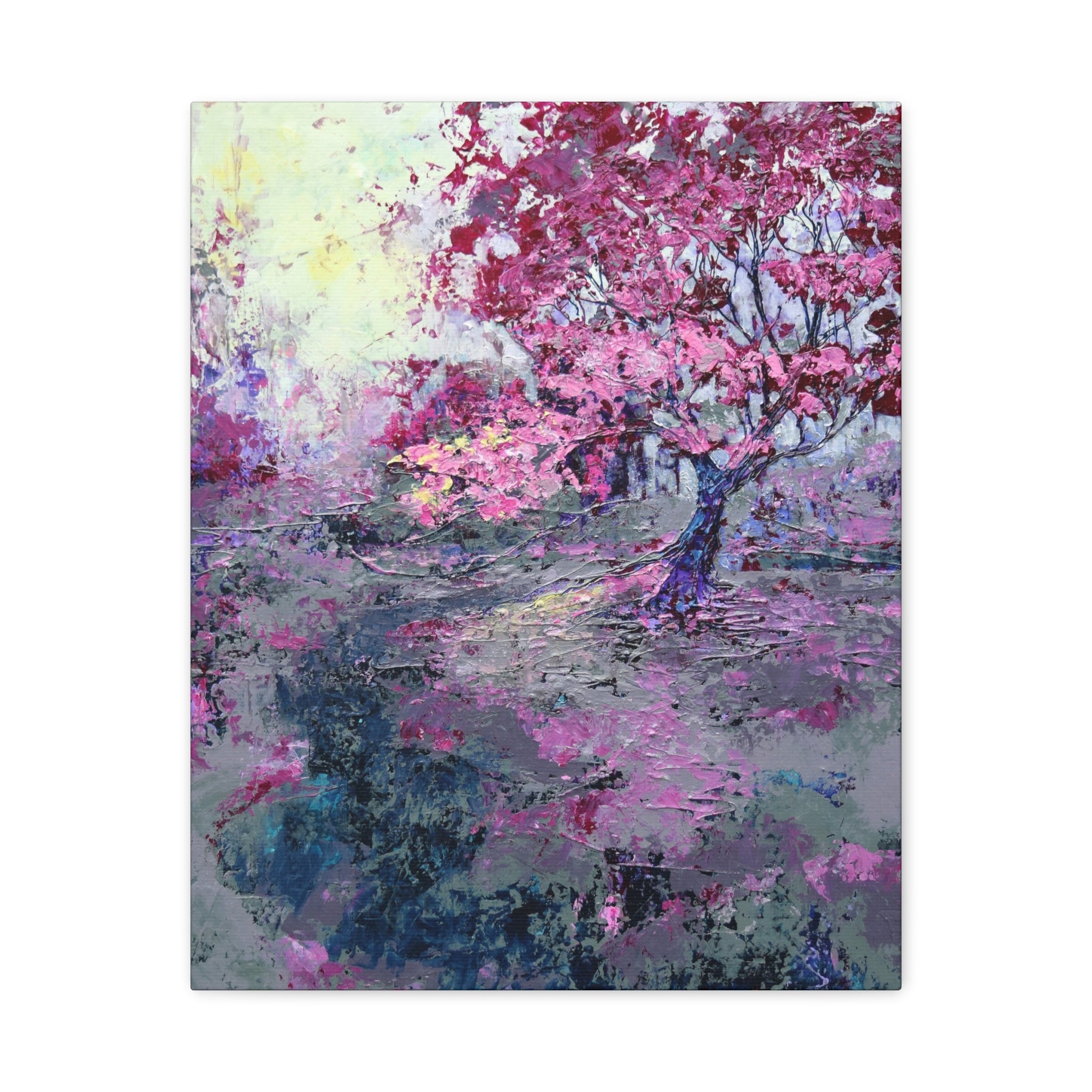 Nancy Overbury canvas print – Heather of the Rocks – pink flowering tree with lavender and blue-green landscape – vertical wall art