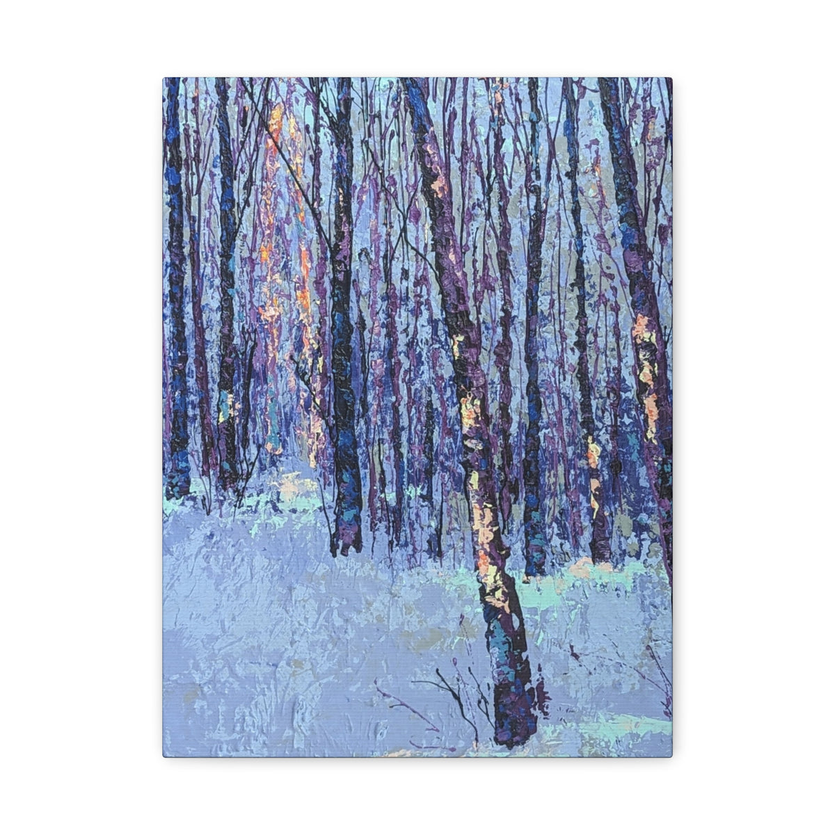A vertical canvas art print depicting an impressionistic winter forest scene with tall dark tree trunks and a snowy ground in shades of blue, purple, and light blue.