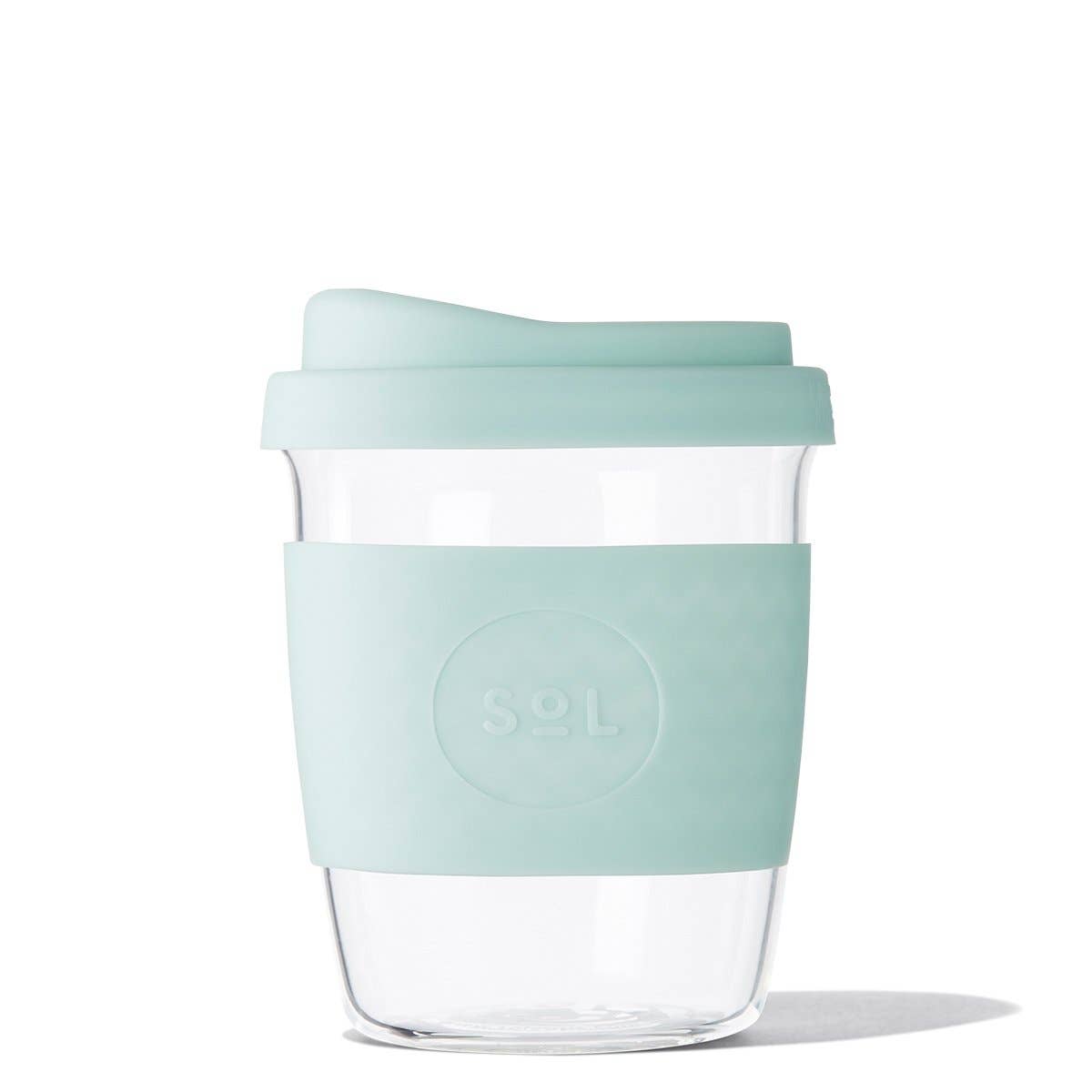 8OZ Cool Cyan Glass Travel Tumbler by SOL Cups, made from durable borosilicate glass, eco-friendly and stylish.