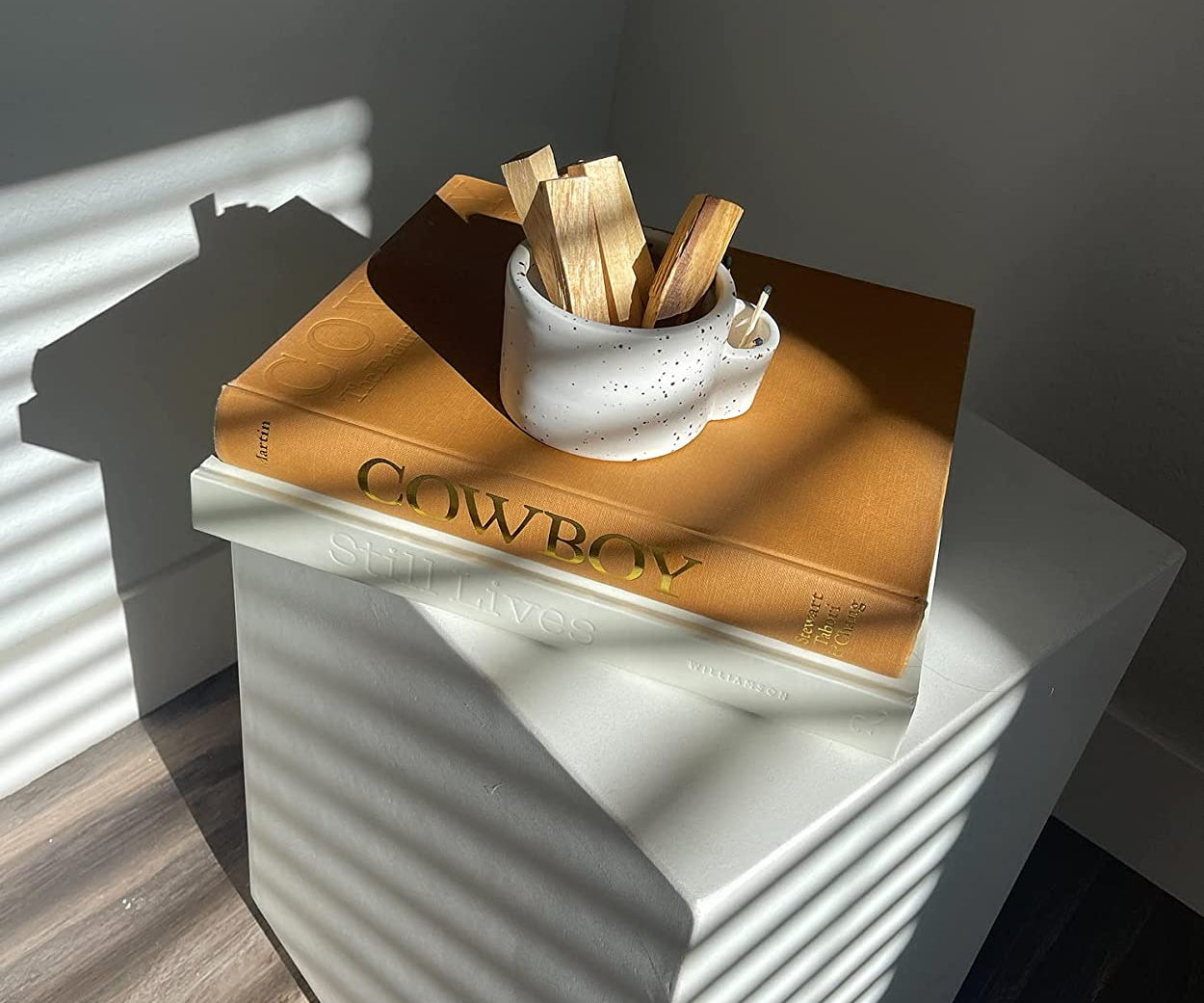 Small white ceramic bowl with wooden sticks on a book titled 'Cowboy' on a white surface.