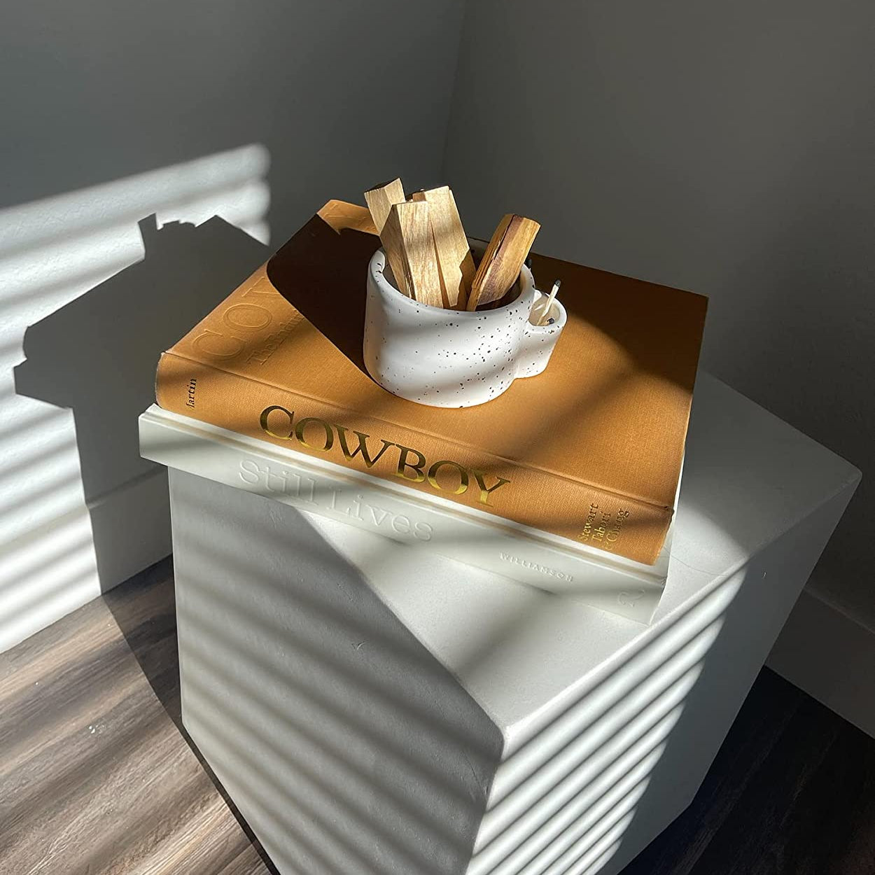 Small white ceramic bowl with wooden sticks on a book titled 'Cowboy' on a white surface.